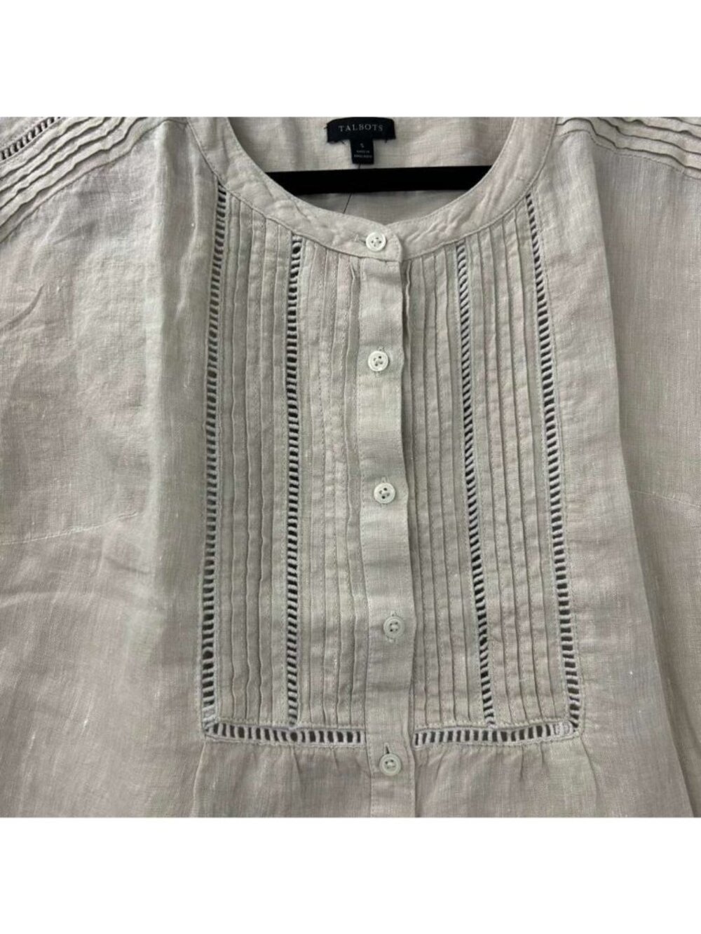 Talbots Women's S 100% Linen Blouse Beige Pintuck Lace Trim Button Down Top NWT - Picture 12 of 16